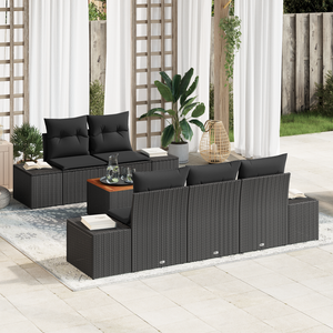 Set di Sofà da Giardino a 6 Pezzi con Cuscini Nero Poly Rattan Acacia