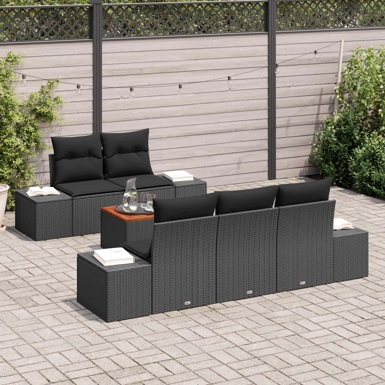 Set di Sofà da Giardino a 6 Pezzi con Cuscini Nero Poly Rattan Acacia