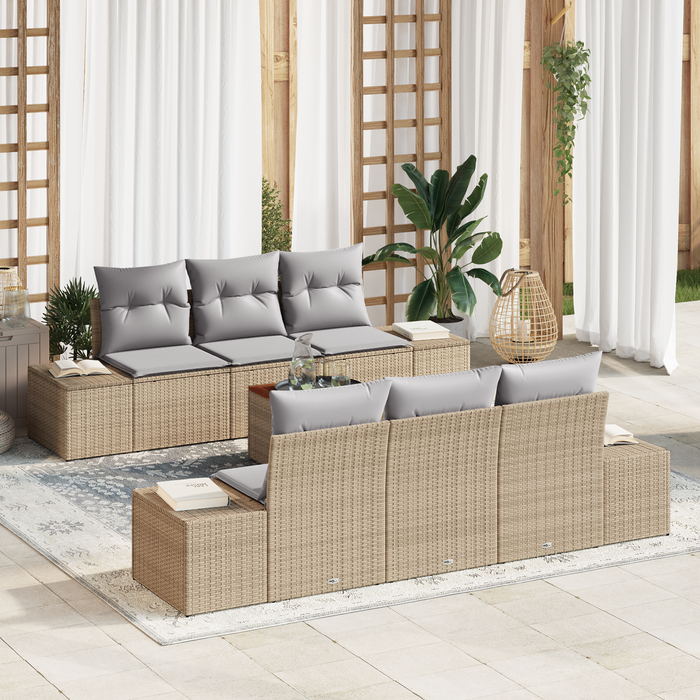 Set Divano da Giardino 7 Pezzi con Cuscini Beige Polyrattan Acacia