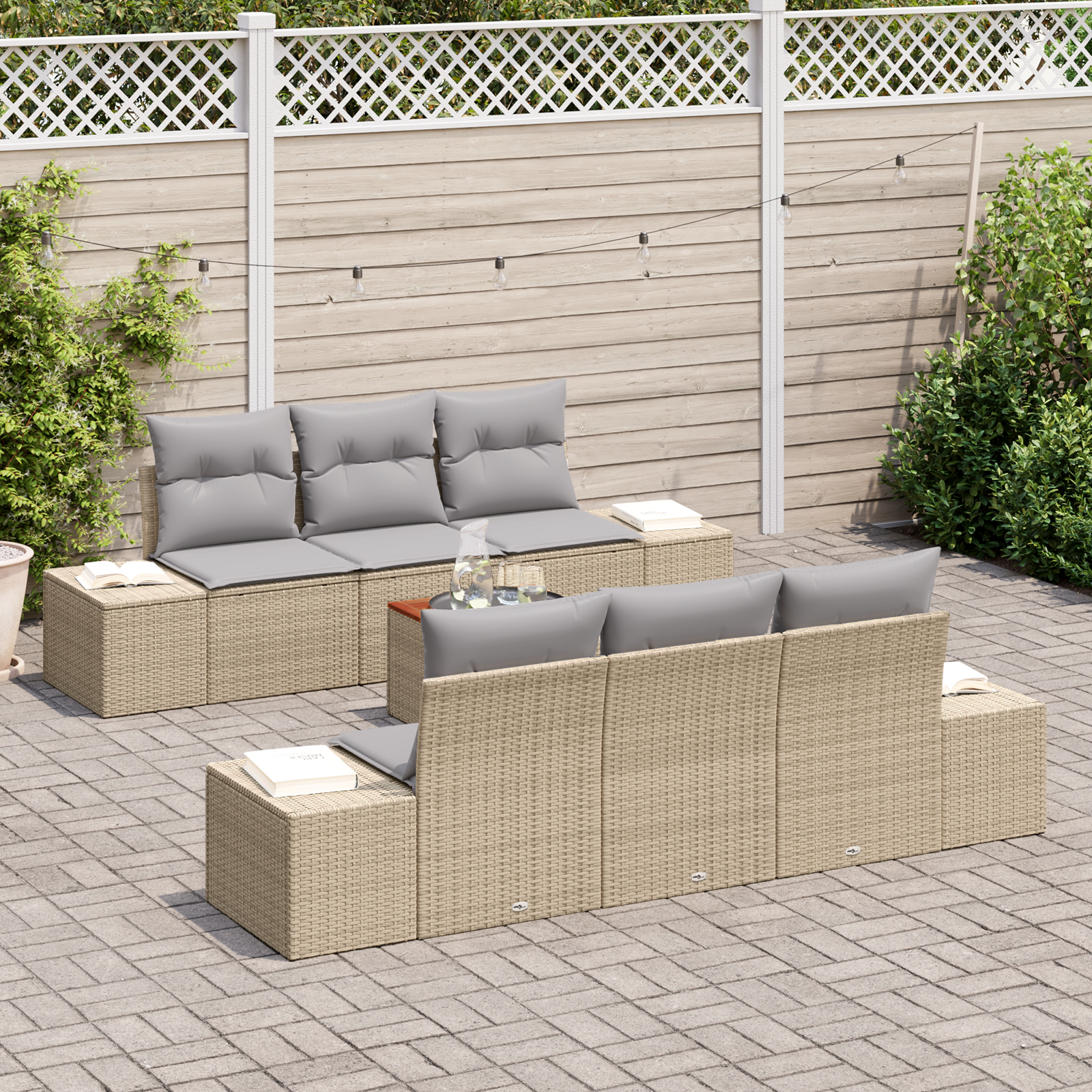Set Divano da Giardino 7 Pezzi con Cuscini Beige Polyrattan Acacia