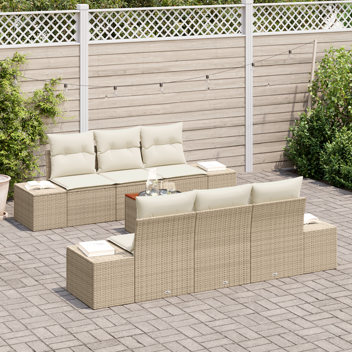 Set da Divano da Giardino da 7 Pezzi con Cuscini Beige in Polyrattan e Acacia