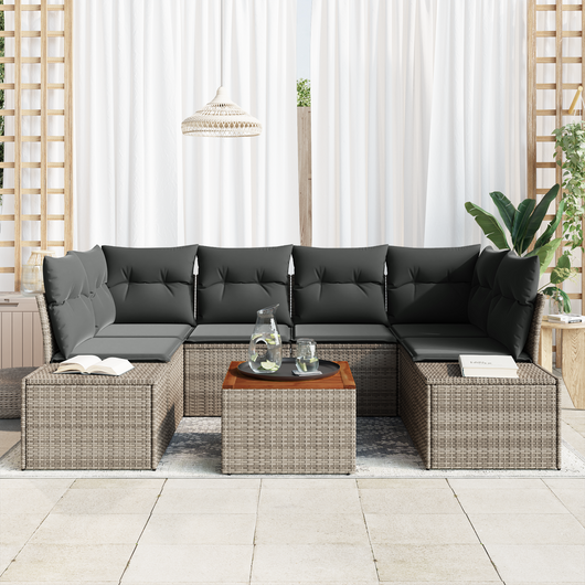 Set di Divani da Giardino a 7 Pezzi con Cuscini Grigio Polyrattan Acacia