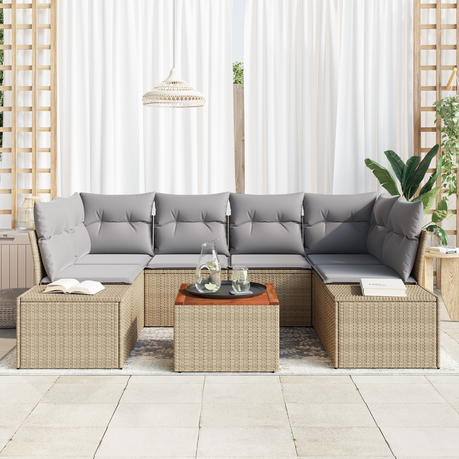 Set di Divani da Giardino a 7 Pezzi con Cuscini Beige in Polirattan e Acacia