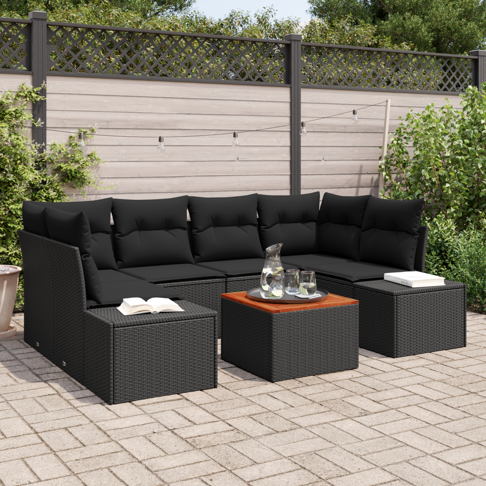 Set di Divani da Giardino da 7 Pezzi con Cuscini Nero Polyrattan Acacia
