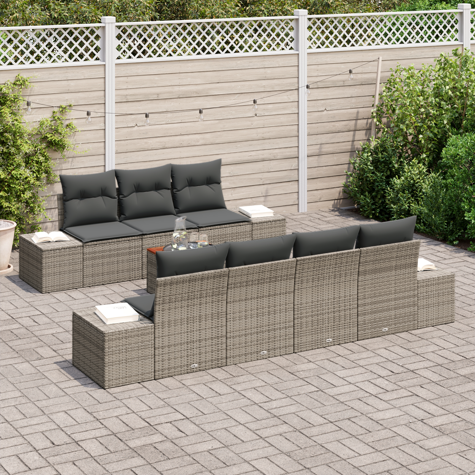 Set di Sofa da Giardino di 8 Pezzi con Cuscini Grigio Polyrattan Acacia