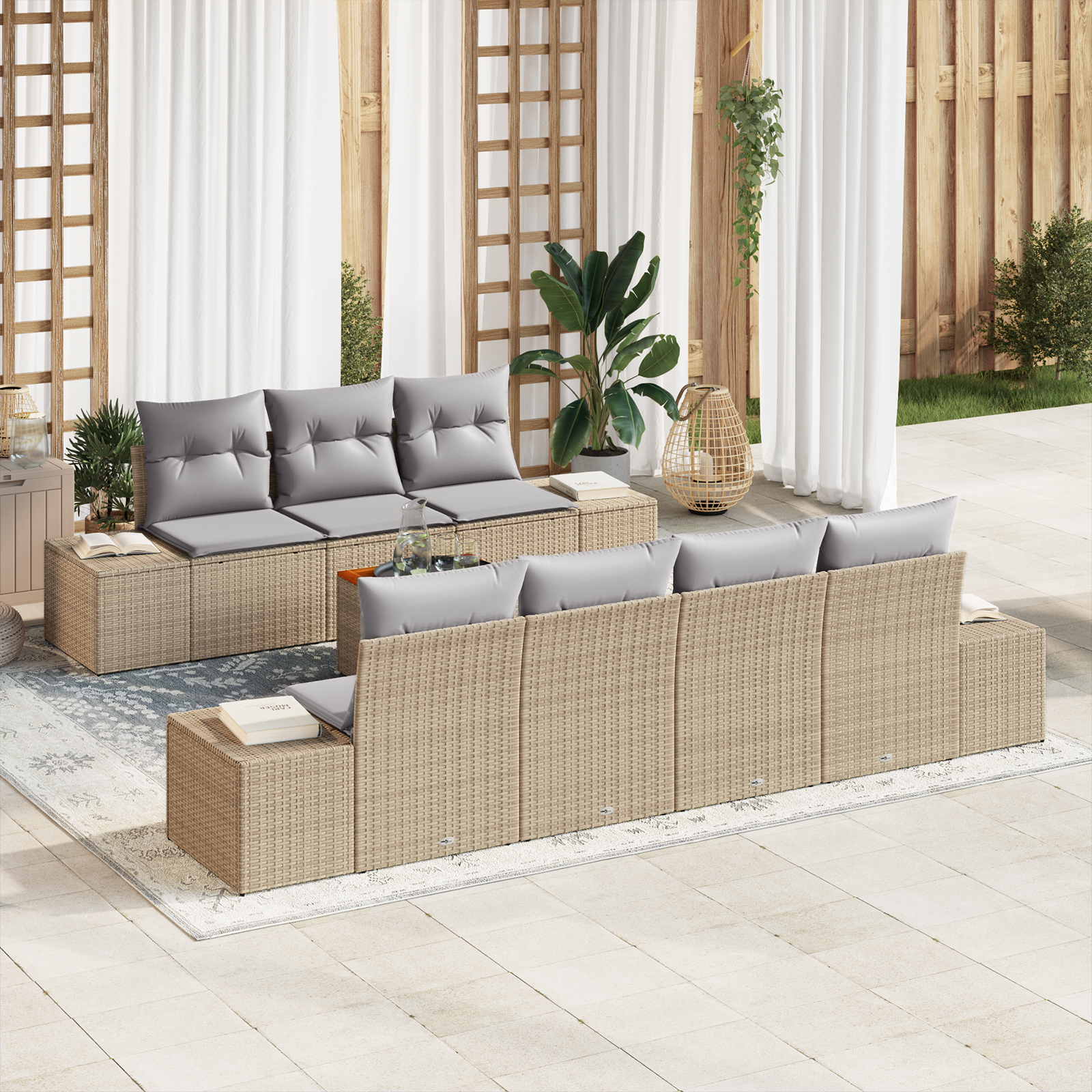 Set di Divani da Giardino a 8 Pezzi con Cuscini Beige Polyrattan Acacia