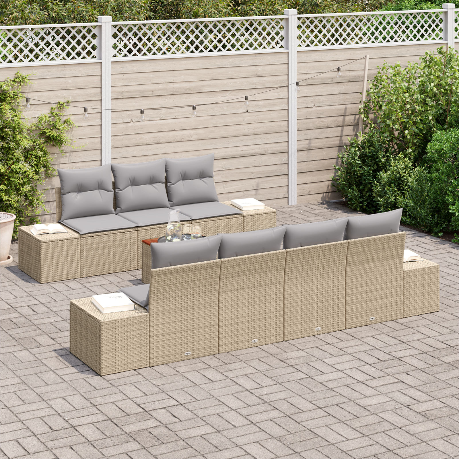 Set di Divani da Giardino a 8 Pezzi con Cuscini Beige Polyrattan Acacia