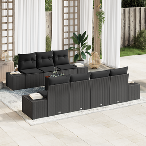 Set di divani da giardino in 8 pezzi con cuscini neri in polyrattan e acacia