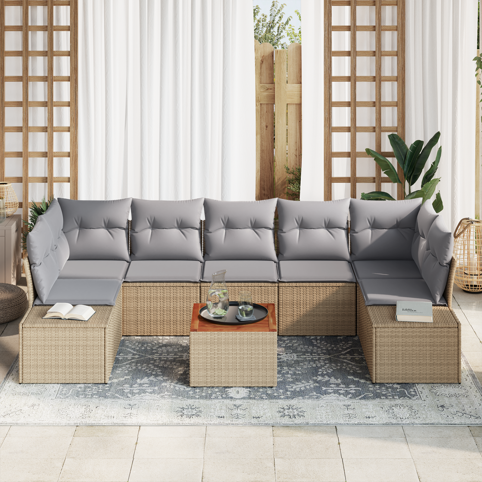 Set di Sofà da Giardino 8 Pezzi con Cuscini Beige Rattan Sintetico Acacia