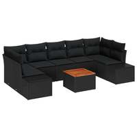 Set divano da giardino 8 pezzi con cuscini Nero Polyrattan Acacia