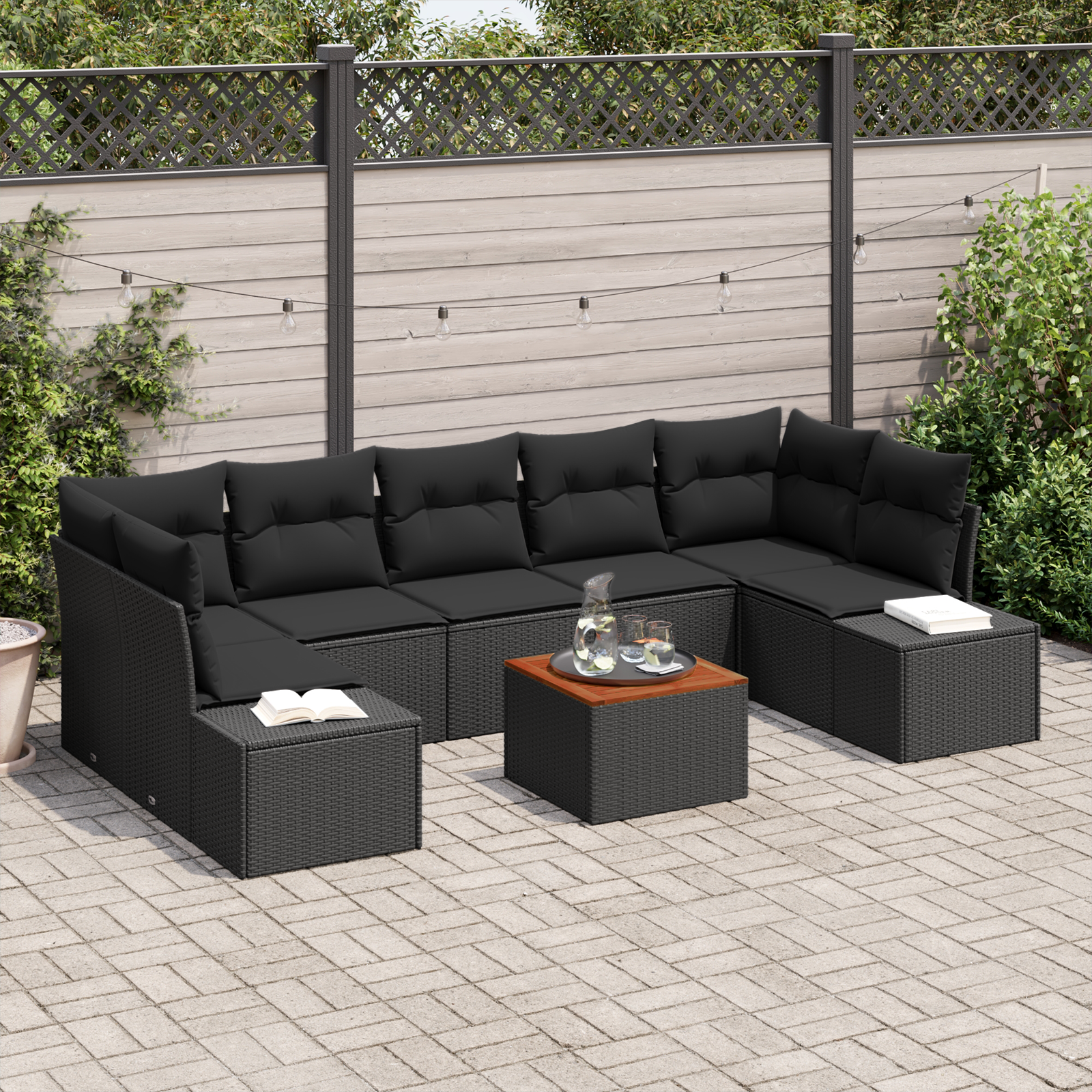 Set divano da giardino 8 pezzi con cuscini Nero Polyrattan Acacia