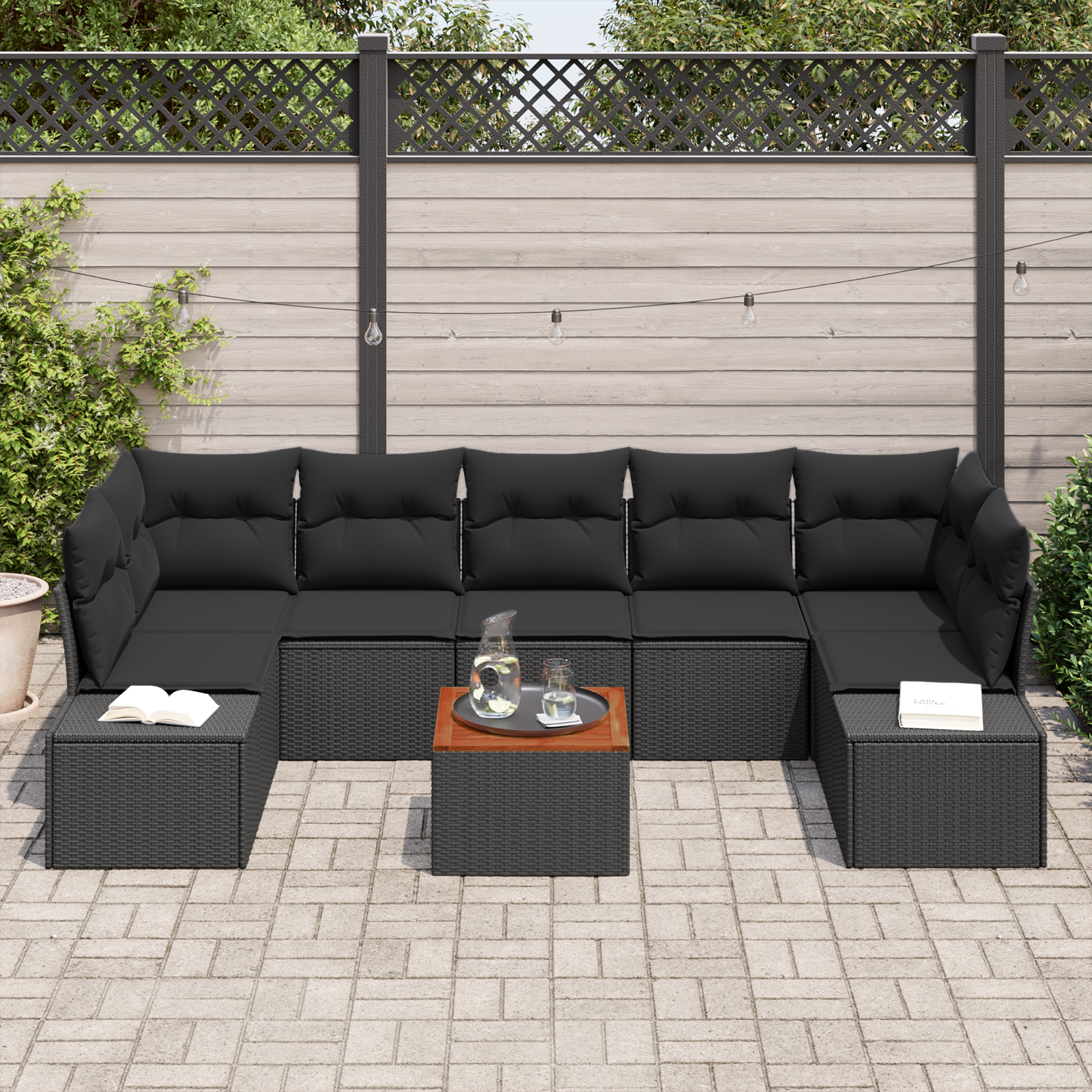 Set divano da giardino 8 pezzi con cuscini Nero Polyrattan Acacia