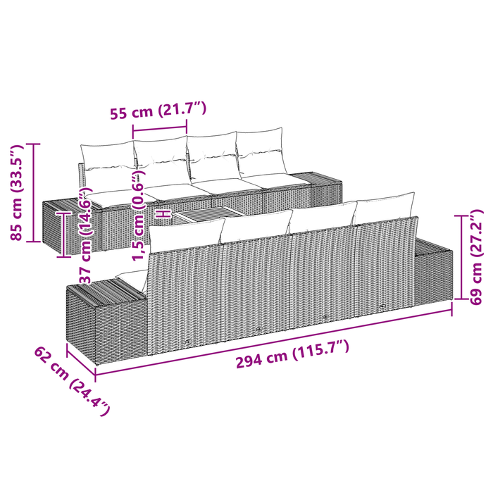 Set Divano Giardino da 7 Pezzi con Cuscini Nero Polyrattan Acacia