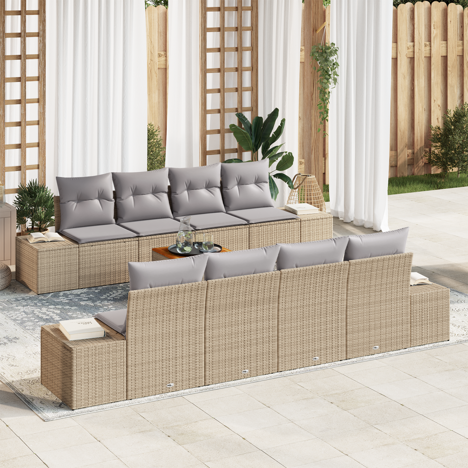 Set di divani da giardino da 7 pezzi con cuscini beige in polyrattan Acacia