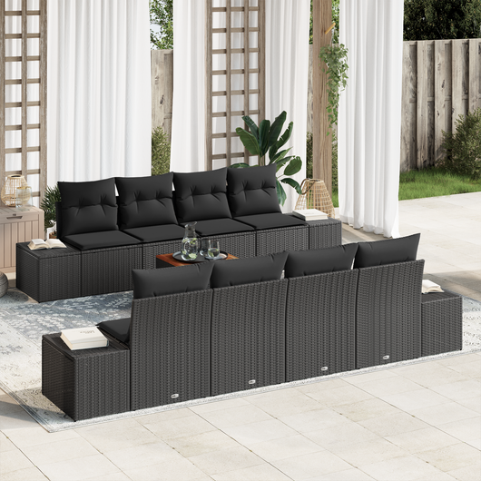 Set Divano da Giardino 7 Pezzi con Cuscini Nero Polyrattan Acacia