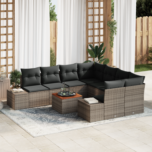 Set di Divani da Giardino da 9 Pezzi con Cuscini Grigio in Polyrattan Acacia