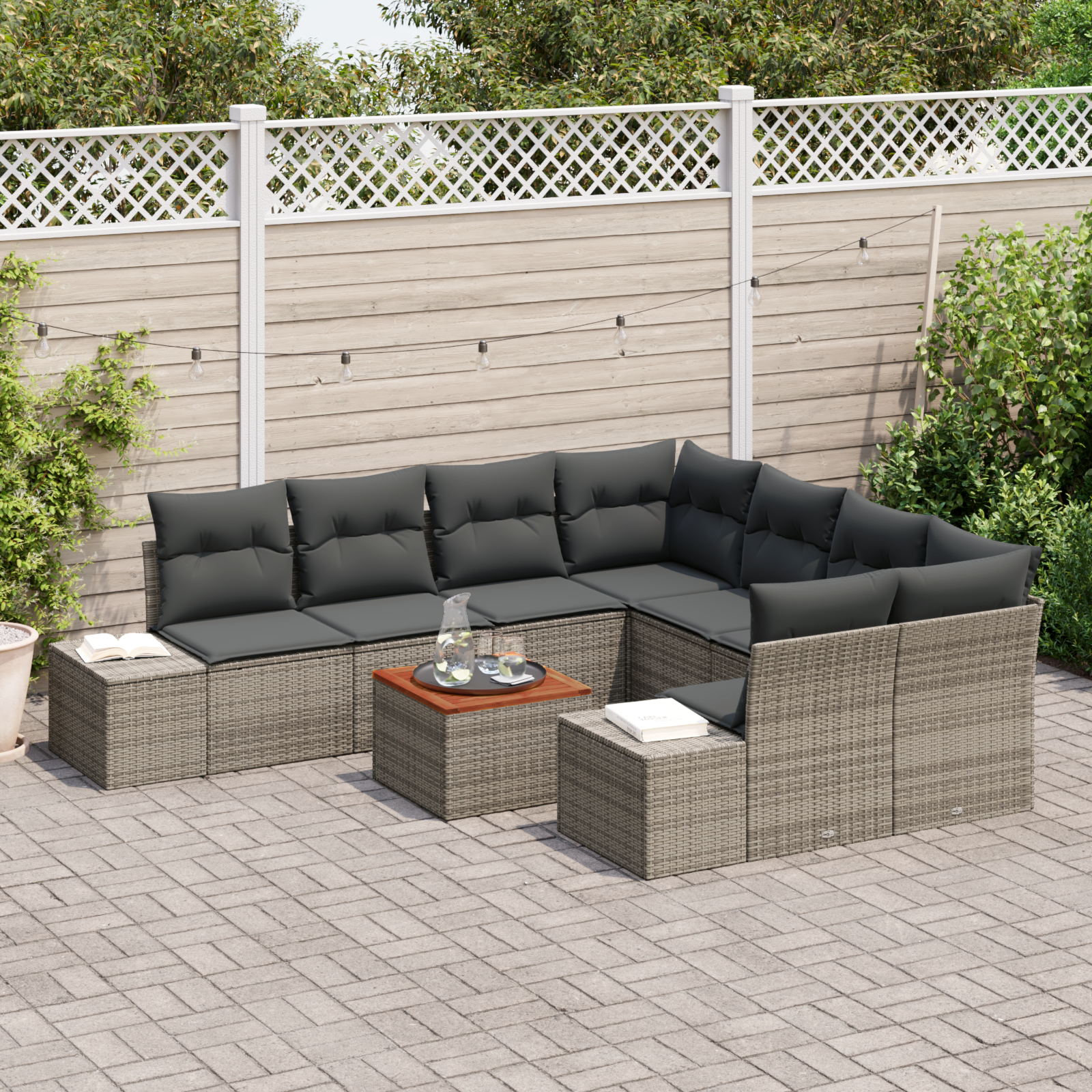 Set di Divani da Giardino da 9 Pezzi con Cuscini Grigio in Polyrattan Acacia