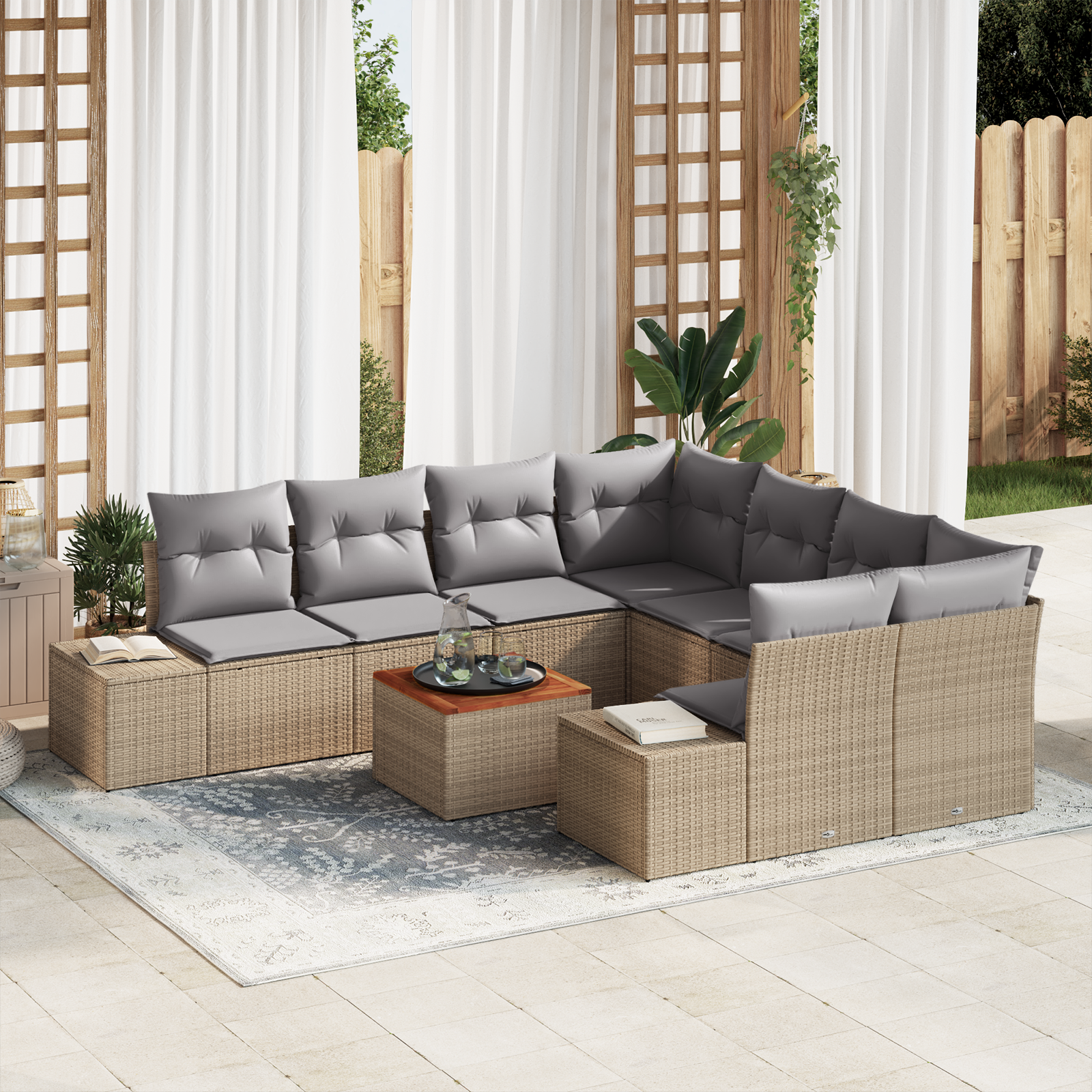Set di Divani da Giardino 9 Pezzi con Cuscini Beige Polyrattan Acacia