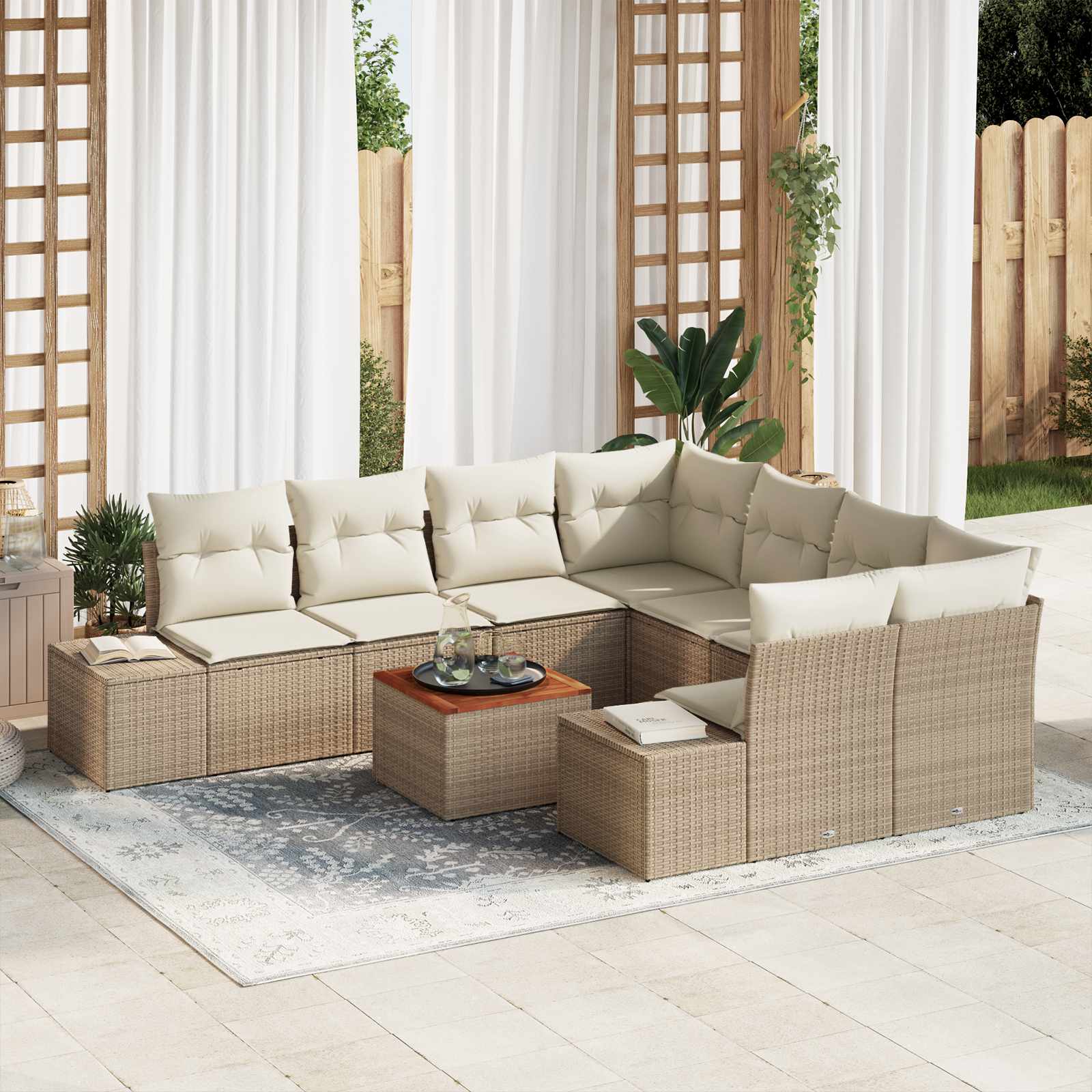 Set divani da giardino da 9 pezzi con cuscini beige in polirattan e acacia