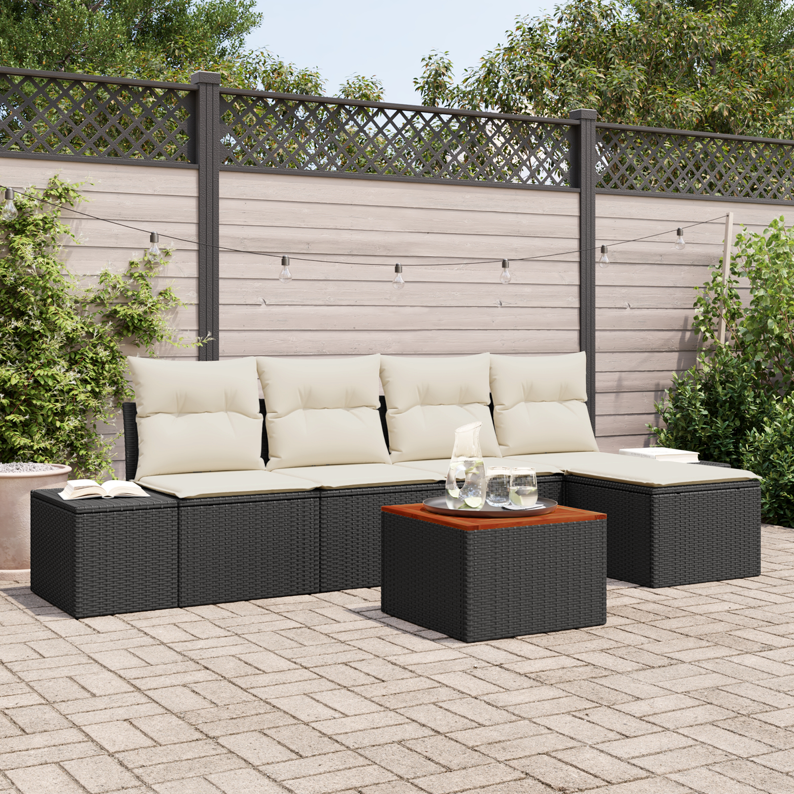 Set Divano da Giardino 6 Pezzi con Cuscini Nero Polyrattan Acacia