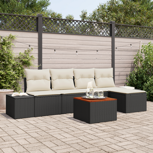 Set Divano da Giardino 6 Pezzi con Cuscini Nero Polyrattan Acacia