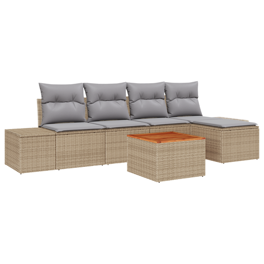 Set di Divani da Giardino a 6 Pezzi con Cuscini Beige in Polyrattan e Acacia