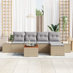 Set di Divani da Giardino a 6 Pezzi con Cuscini Beige in Polyrattan e Acacia
