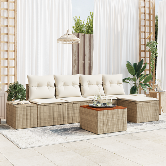 Set Divano da Giardino a 6 Pezzi con Cuscini Beige Rattan Poliestere Acacia