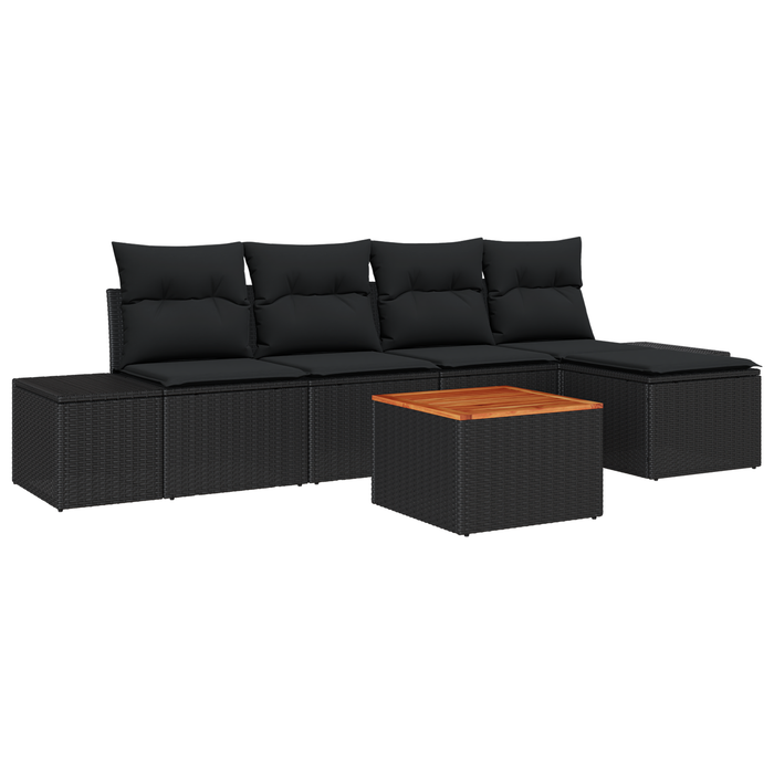 Set Divano da Giardino di 6 Pezzi con Cuscini Nero Polyrattan Acacia