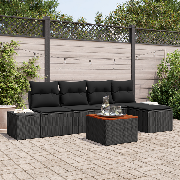 Set Divano da Giardino di 6 Pezzi con Cuscini Nero Polyrattan Acacia