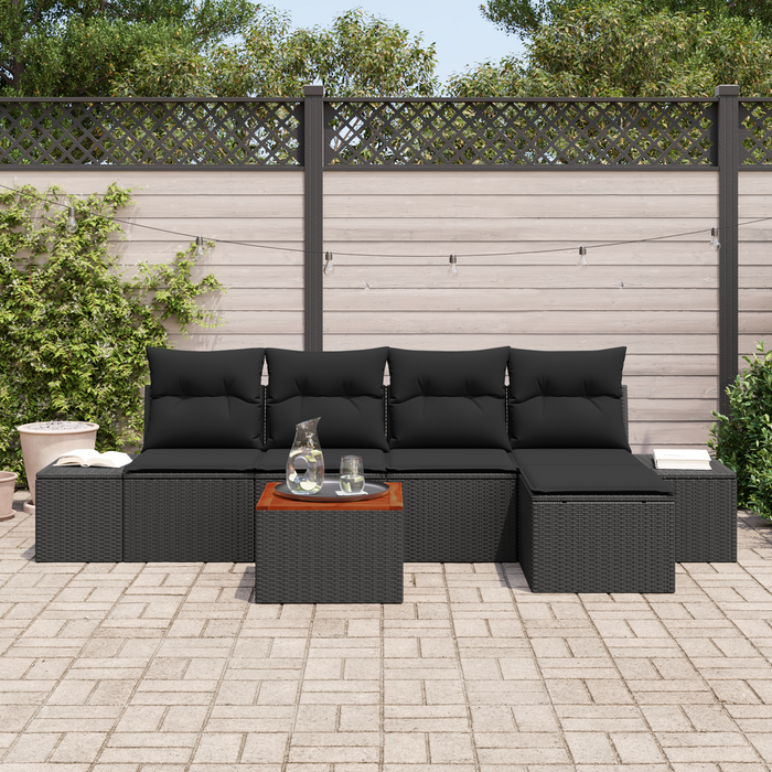 Set Divano da Giardino di 6 Pezzi con Cuscini Nero Polyrattan Acacia