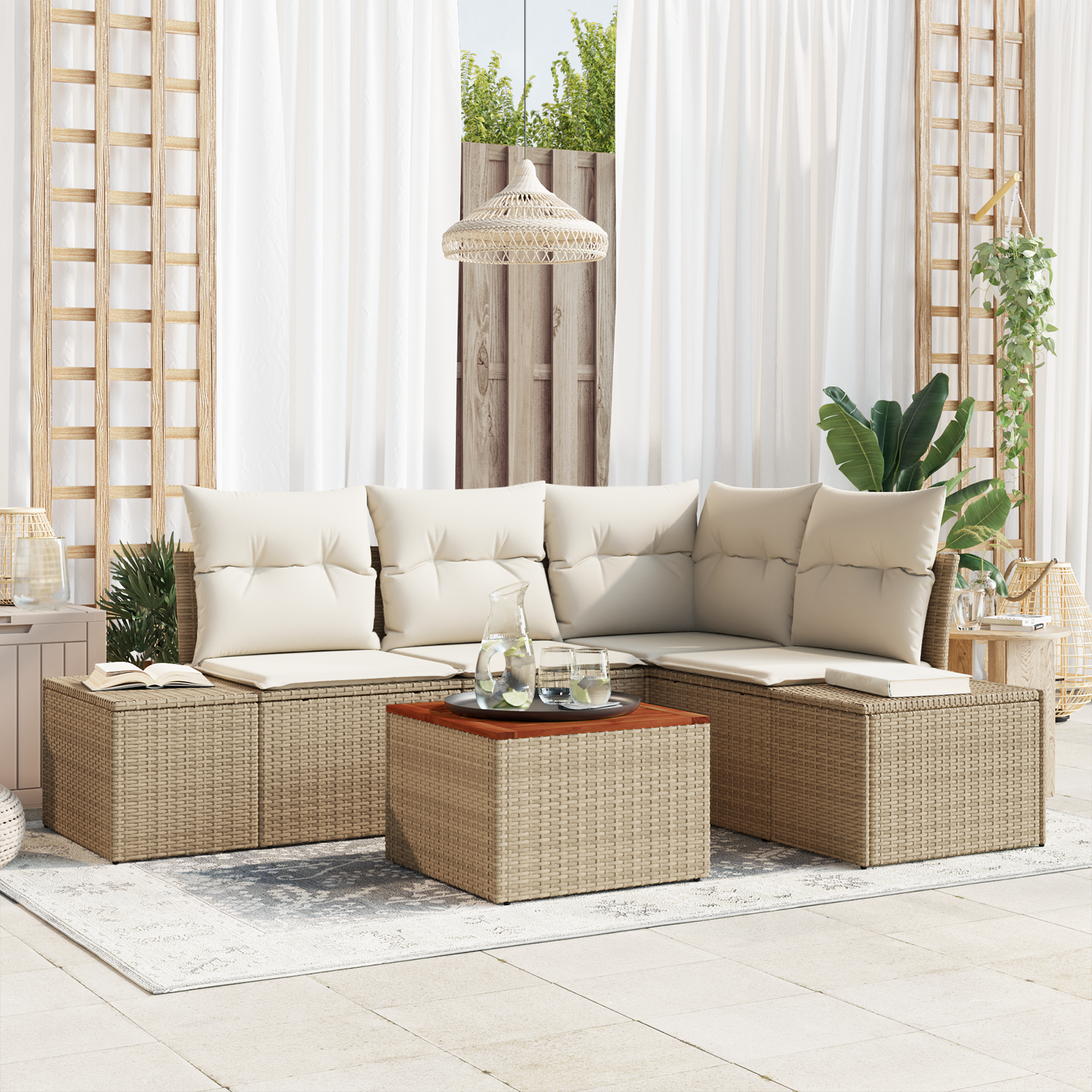 Set Divano da Giardino 5 Pezzi con Cuscini Beige Polirattan Acacia