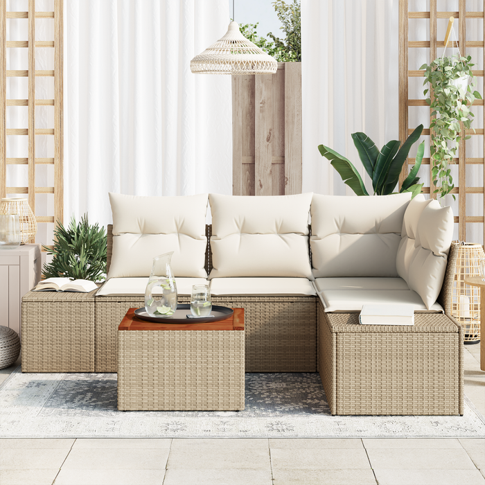 Set Divano da Giardino 5 Pezzi con Cuscini Beige Polirattan Acacia