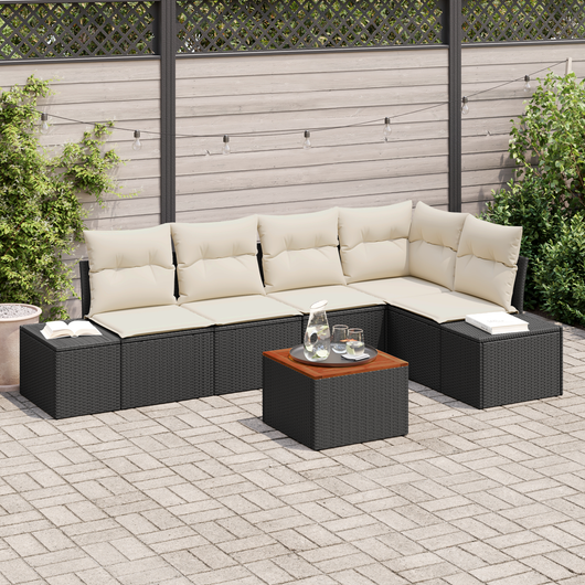 Set di divani da giardino a 6 pezzi con cuscini neri in polyrattan e acacia