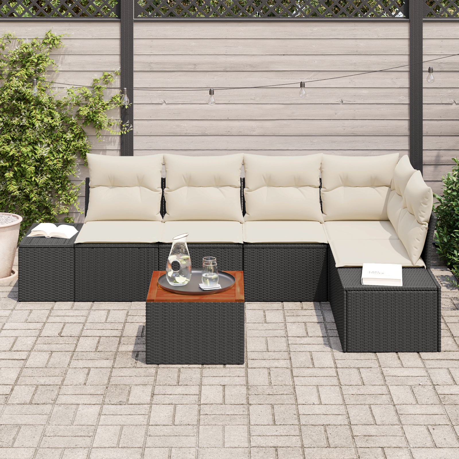 Set di divani da giardino a 6 pezzi con cuscini neri in polyrattan e acacia