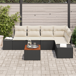 Set di divani da giardino a 6 pezzi con cuscini neri in polyrattan e acacia