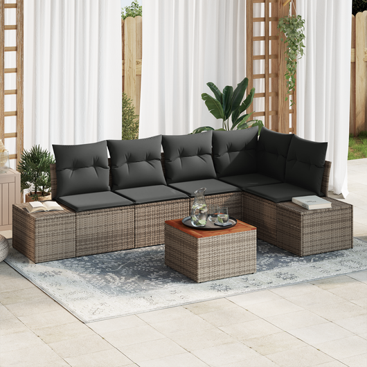 Set Divano da Giardino a 6 Pezzi con Cuscini Grigio Polyrattan Acacia