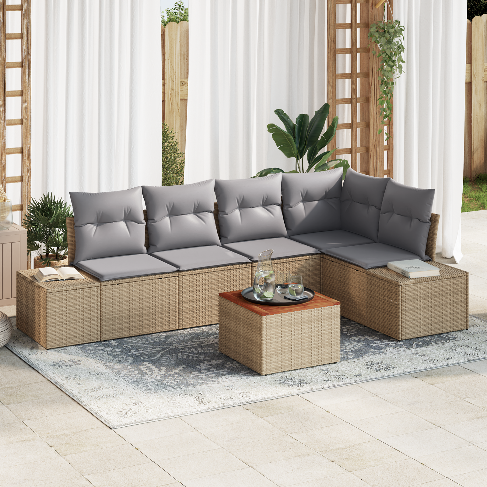 Set divano giardino 6 pezzi con cuscini beige in polyrattan e acacia