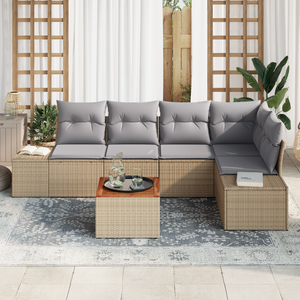 Set divano giardino 6 pezzi con cuscini beige in polyrattan e acacia