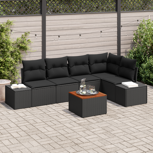 Set da Giardino a 6 Pezzi con Cuscini Neri in Polyrattan e Legno di Acacia