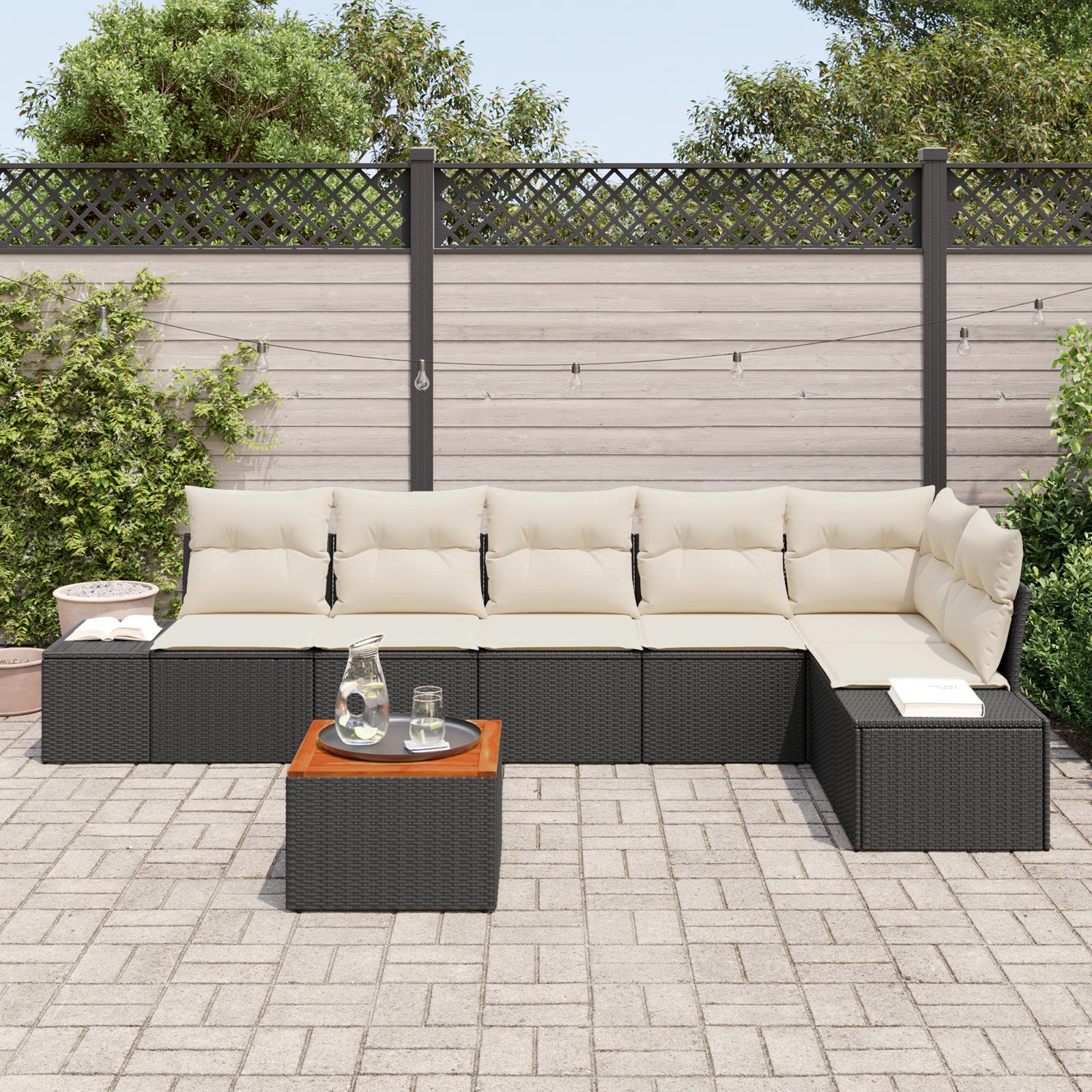 Set Divano da Giardino 7 Pezzi con Cuscini Nero Polyrattan Acacia