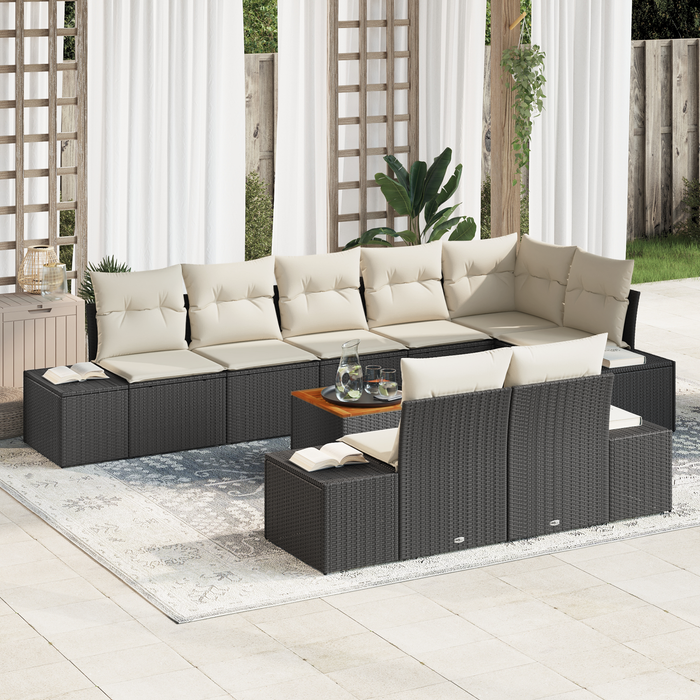 Set Divano da Giardino 9 Pezzi con Cuscini Nero Polyrattan Acacia