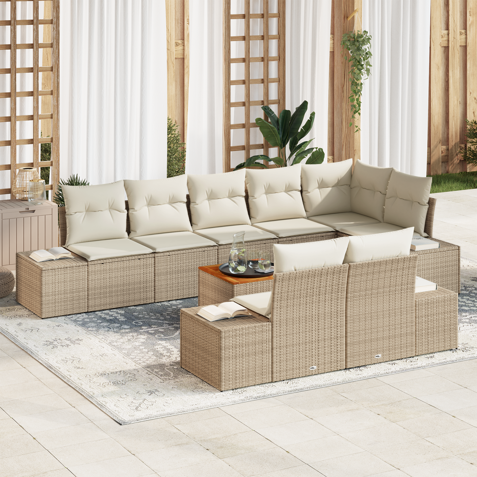 Set di Divani da Giardino a 9 Pezzi con Cuscini Beige Polyrattan Acacia