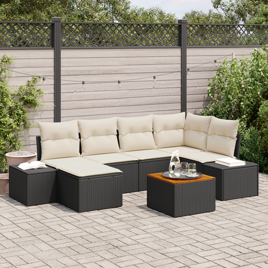 Set Divano da Giardino da 7 Pezzi con Cuscini Neri in Polyrattan Acacia