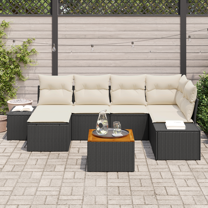 Set Divano da Giardino da 7 Pezzi con Cuscini Neri in Polyrattan Acacia