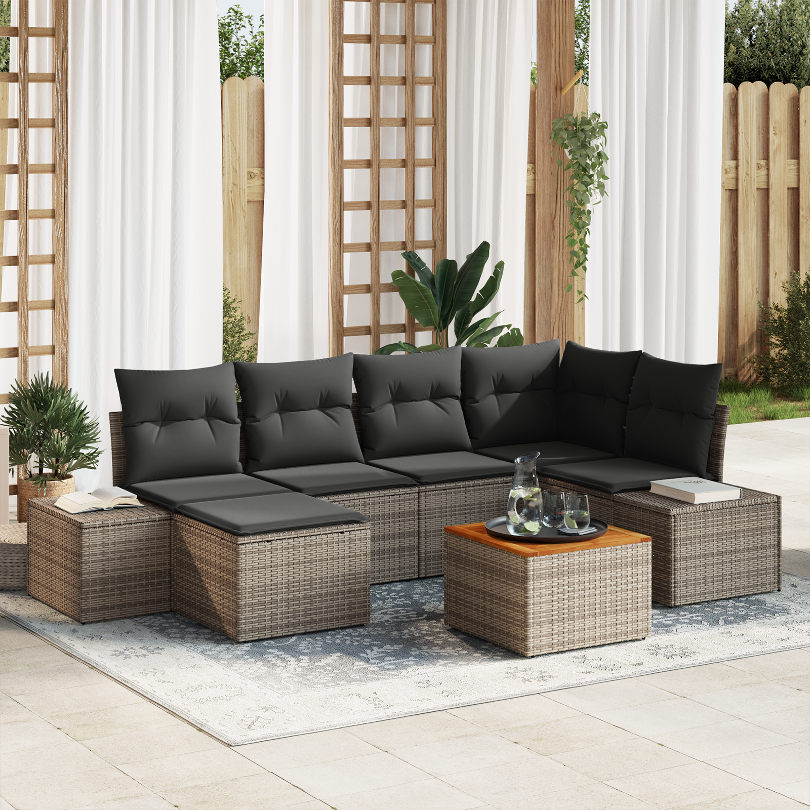 Set Divani da Giardino da 7 Pezzi con Cuscini Grigio Polyrattan Acacia