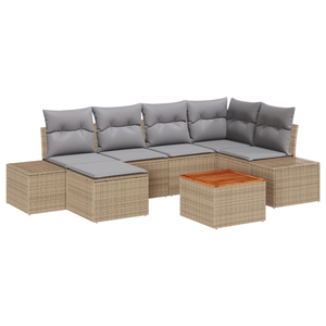 Set Divano da Giardino a 7 Pezzi con Cuscini Beige Rattan Polietilene Acacia