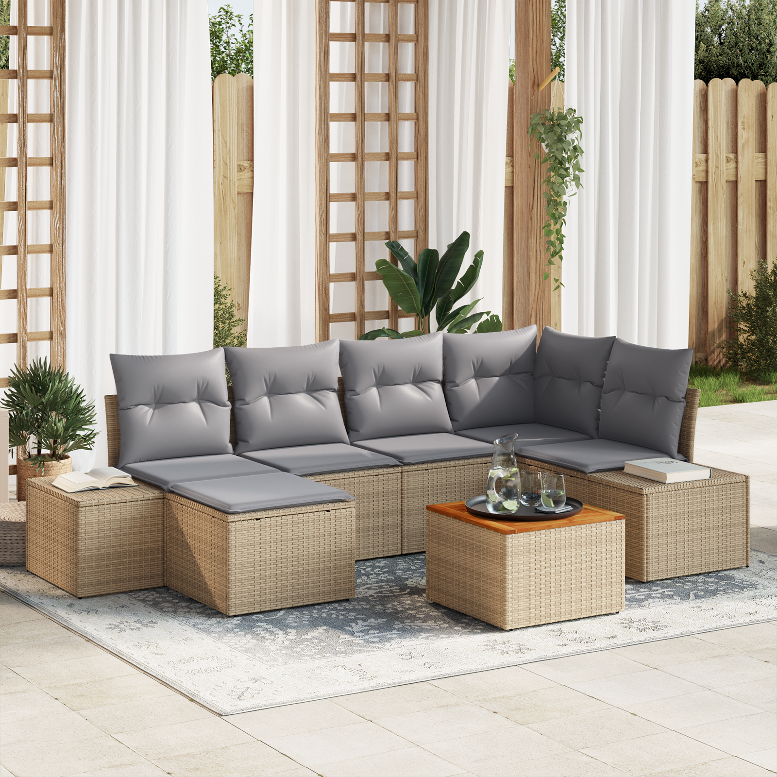 Set Divano da Giardino a 7 Pezzi con Cuscini Beige Rattan Polietilene Acacia