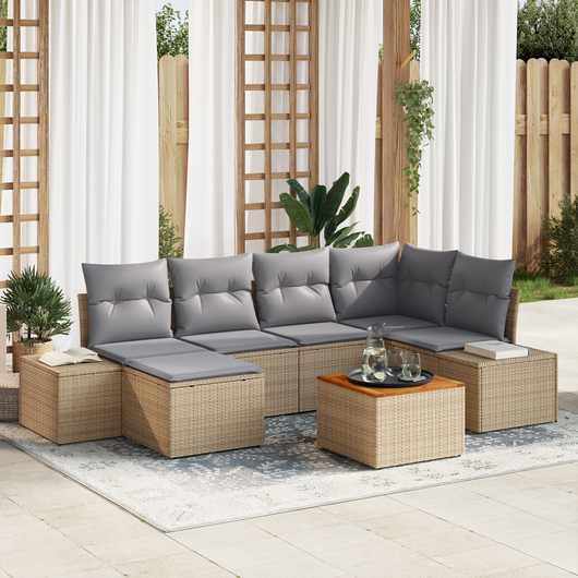 Set Divano da Giardino a 7 Pezzi con Cuscini Beige Rattan Polietilene Acacia