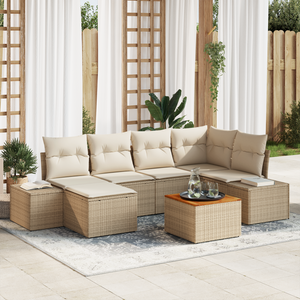 Set Divano da Giardino 7 Pezzi con Cuscini Beige Polyrattan Acacia